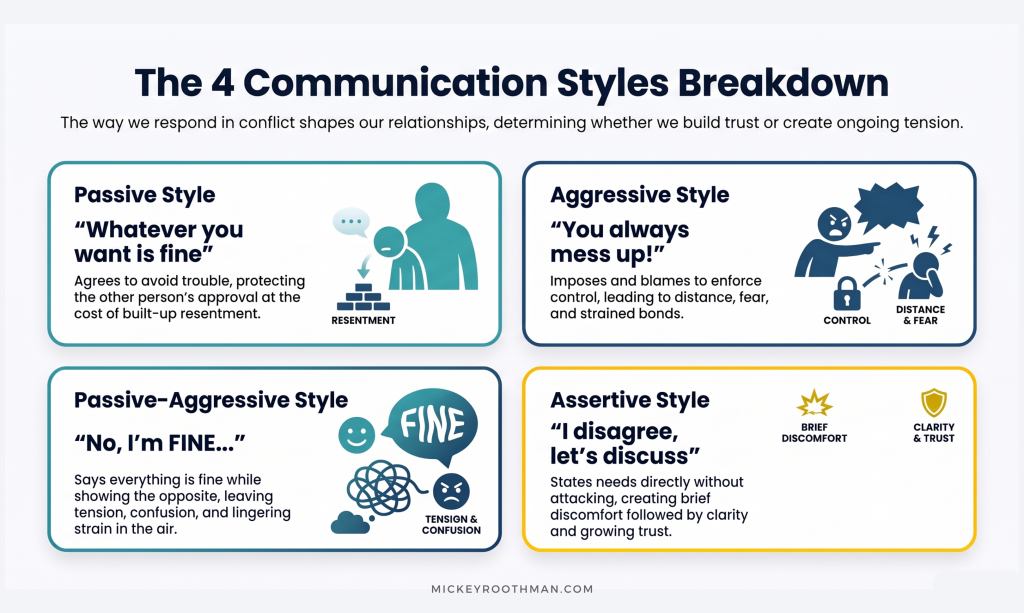 Infographic comparing the 4 communication styles: passive, aggressive, passive-aggressive, and assertive