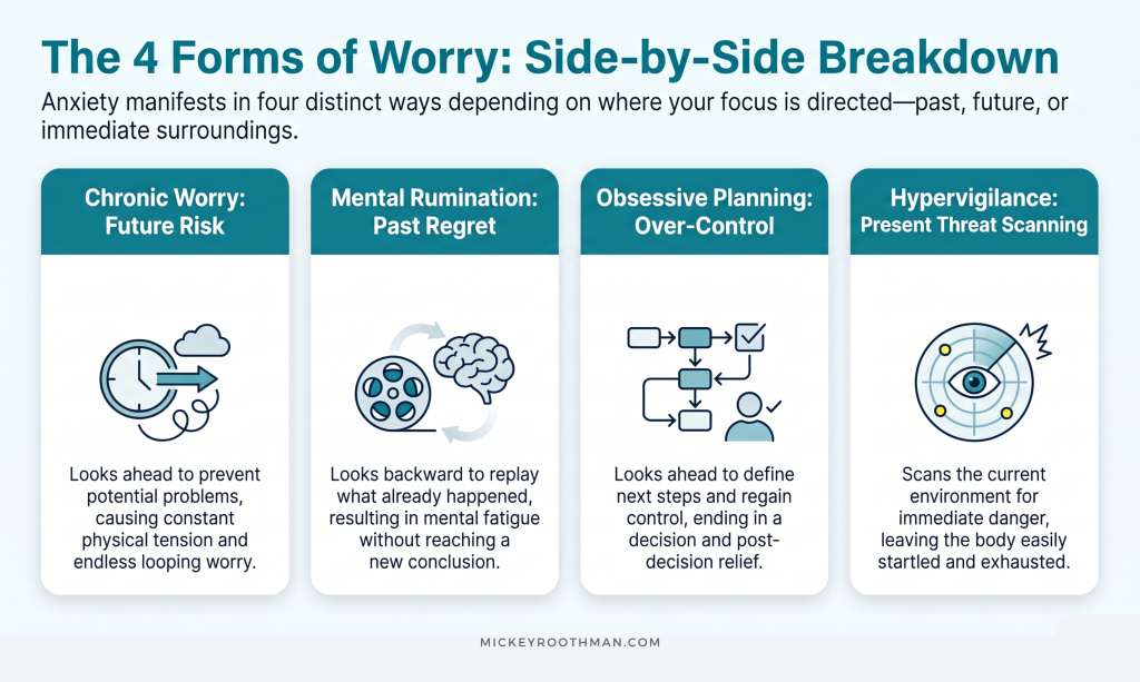 Comparison diagram of the 4 types of worry showing worry, rumination, planning, and hypervigilance.
