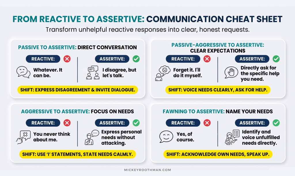 Cheat sheet showing how to transform passive-aggressive phrases into assertive 4 communication styles