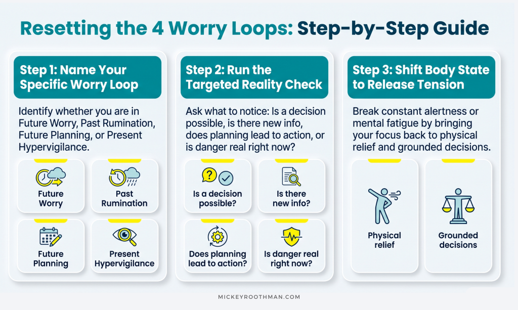 Step-by-step infographic showing how to break the 4 types of worry loop with a 3-step reset protocol.